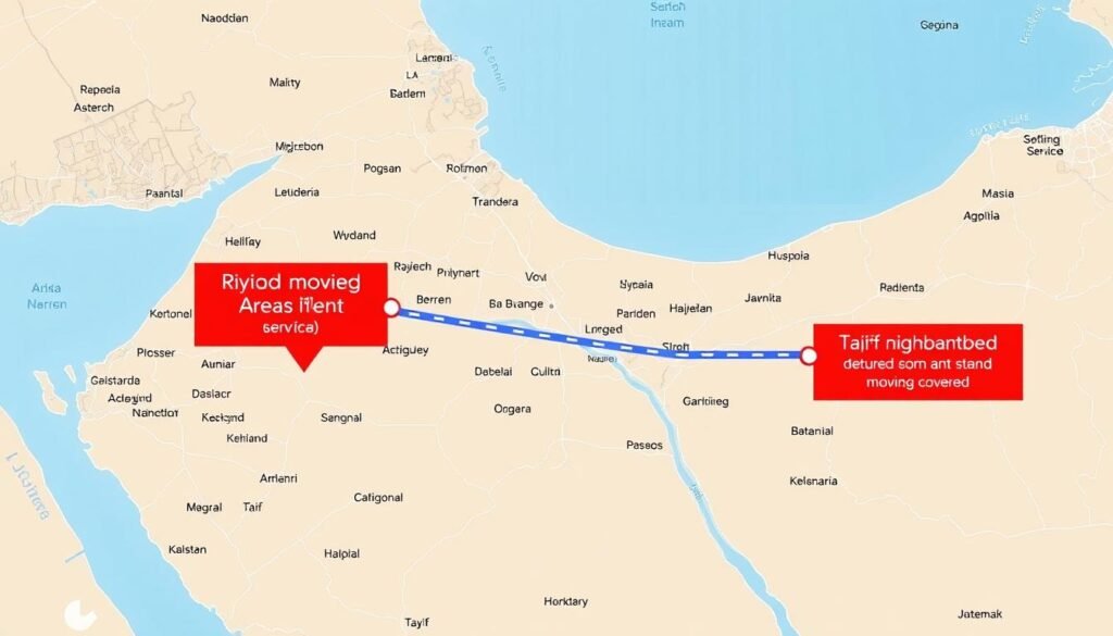 خريطة توضح مناطق خدمة نقل العفش من الرياض إلى الطائف
