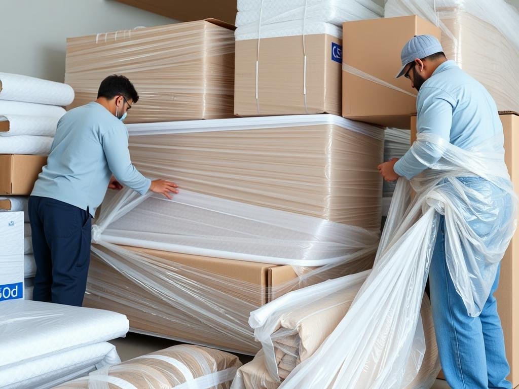 عملية تغليف الأثاث باحترافية أثناء نقل العفش من الرياض إلى الأفلاج