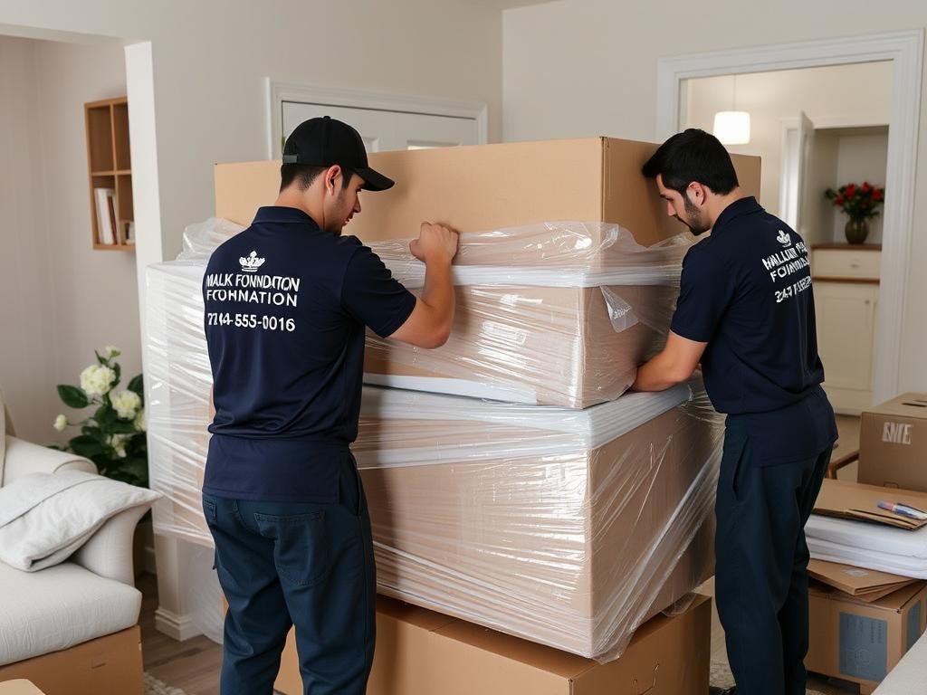 فريق مؤسسة مالك المحترف يقوم بتغليف الأثاث بعناية قبل نقله من الرياض إلى المدينة المنورة