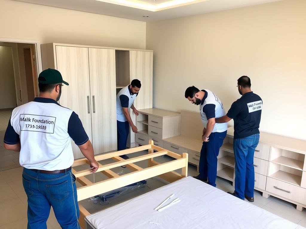 فريق مؤسسة مالك يقوم بتركيب الأثاث بعد نقله من الرياض إلى رفحاء