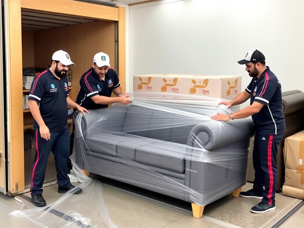 فريق مؤسسة مالك يقوم بتغليف الأثاث بعناية قبل نقله من الرياض إلى رفحاء