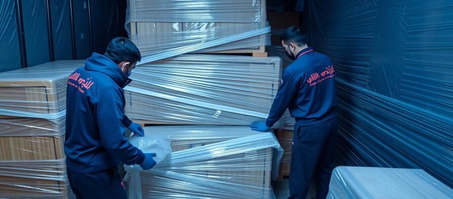 فريق نقل عفش من الرياض إلى حائل يقوم بتغليف الأثاث بشكل احترافي