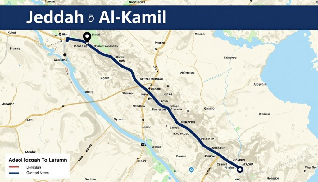 خريطة توضح الطريق من جدة إلى الكامل