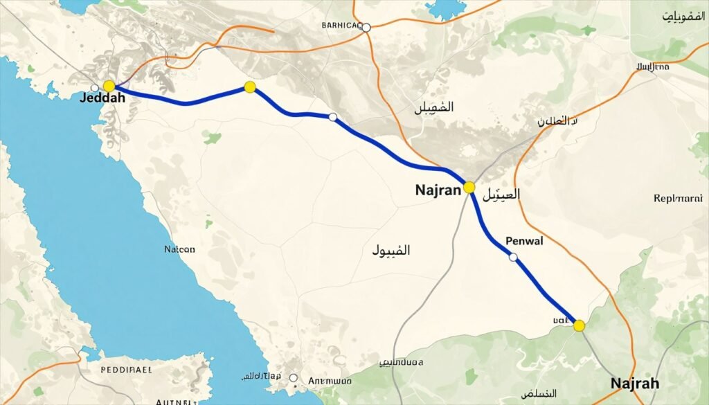 خريطة توضح مسار نقل العفش من جدة إلى نجران