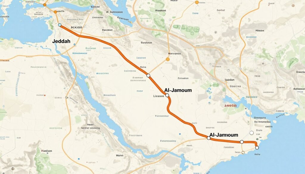 خريطة مسار نقل العفش من جدة إلى الجموم خريطة مسار نقل العفش من جدة إلى الجموم