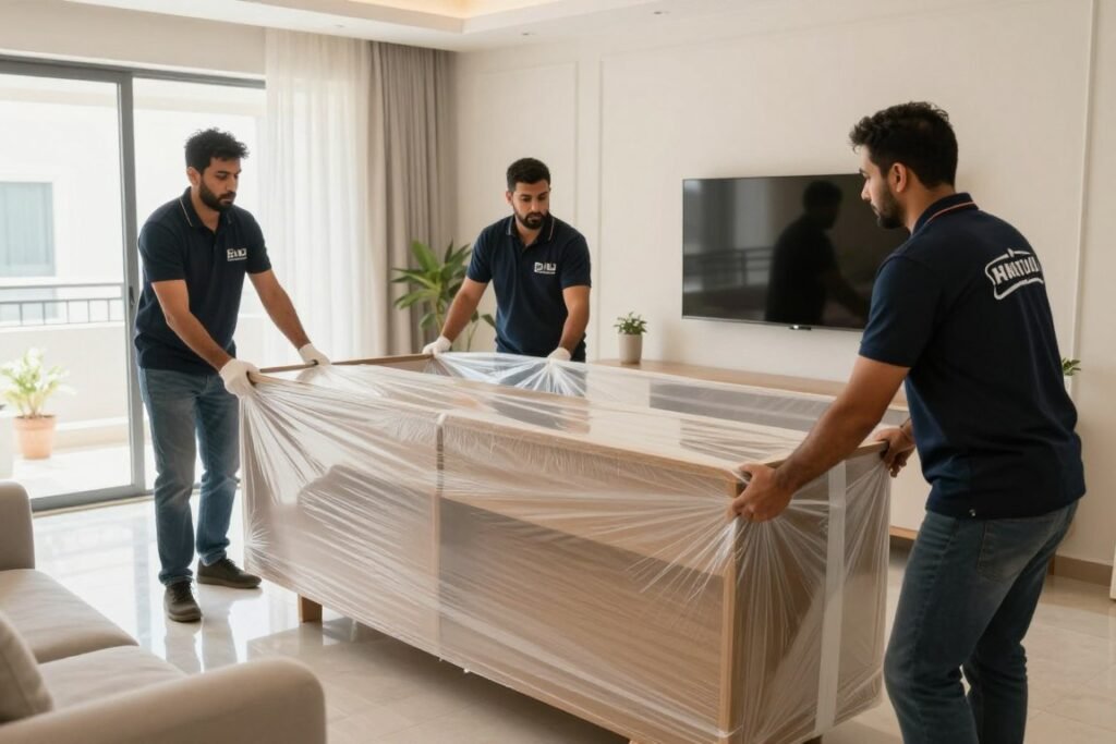 فريق عمل شركة نقل عفش من جدة إلى رفحاء يقوم بتغليف الأثاث بعناية فريق عمل شركة نقل عفش من جدة إلى رفحاء يقوم بتغليف الأثاث بعناية