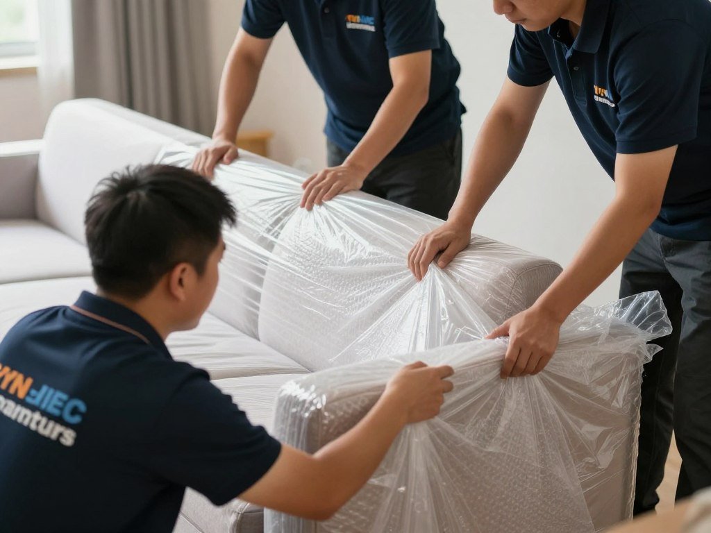 فريق عمل شركة نقل عفش من جدة إلى شقراء يقوم بتغليف الأثاث فريق عمل شركة نقل عفش من جدة إلى شقراء يقوم بتغليف الأثاث