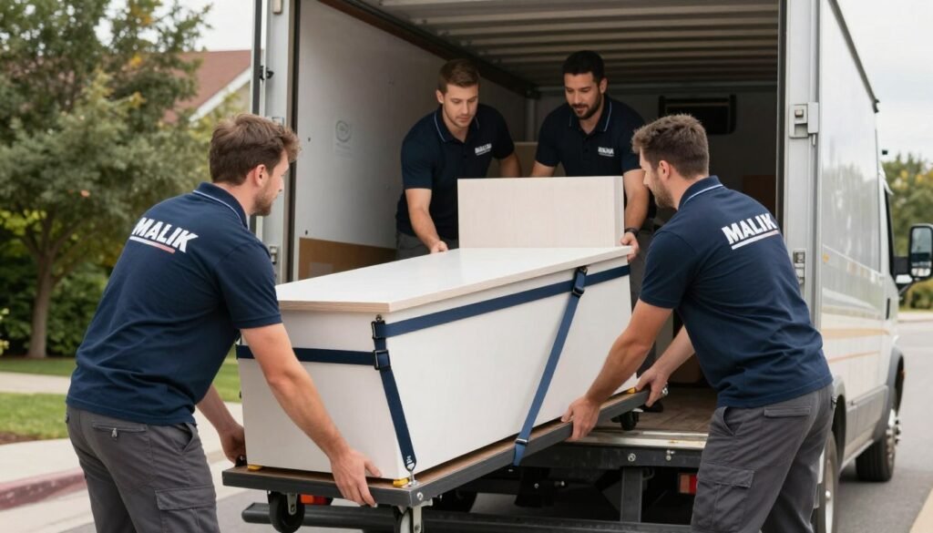فريق عمل مؤسسة مالك لنقل العفش يقوم بتحميل الأثاث بطريقة احترافية فريق عمل مؤسسة مالك لنقل العفش يقوم بتحميل الأثاث بطريقة احترافية