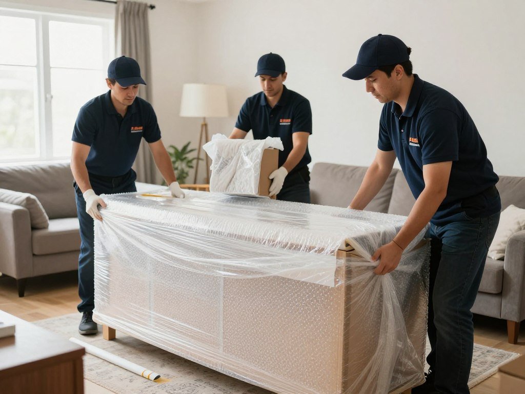 فريق عمل مؤسسة مالك لنقل العفش يقوم بتغليف الأثاث بعناية