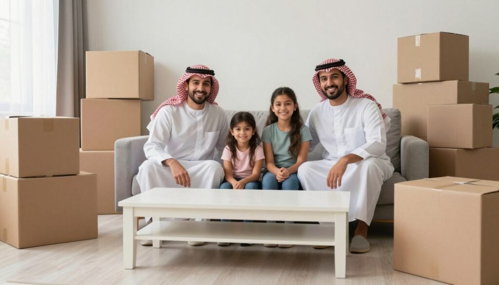 أسرة سعيدة في منزلها الجديد بعد نقل ناجح أسرة سعيدة في منزلها الجديد بعد نقل ناجح