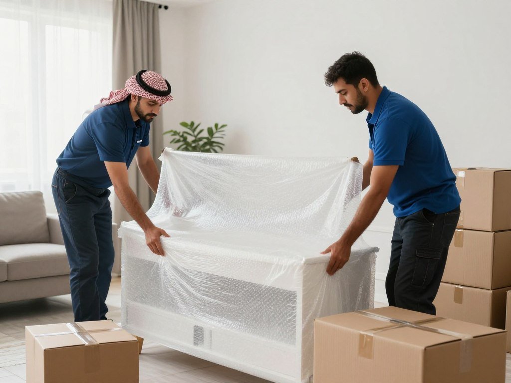 خدمات نقل عفش احترافية - فريق عمل يقوم بتغليف الأثاث بعناية