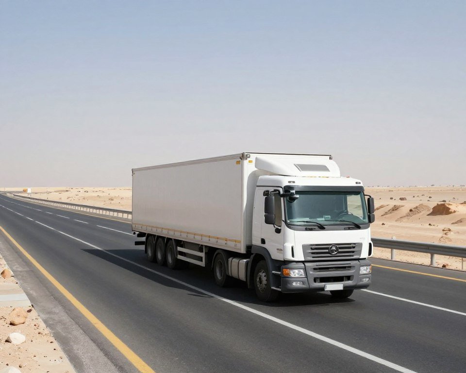 طريق سريع حديث يربط بين جدة والرياض مع شاحنة نقل عفش تسير عليه في النهار