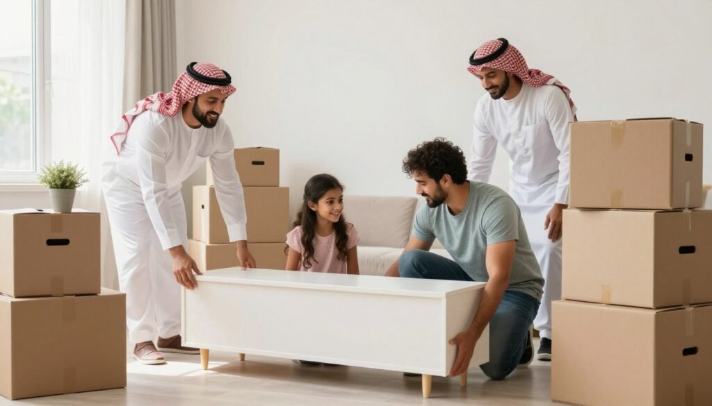 عائلة تقوم بترتيب العفش في المنزل الجديد بعد النقل