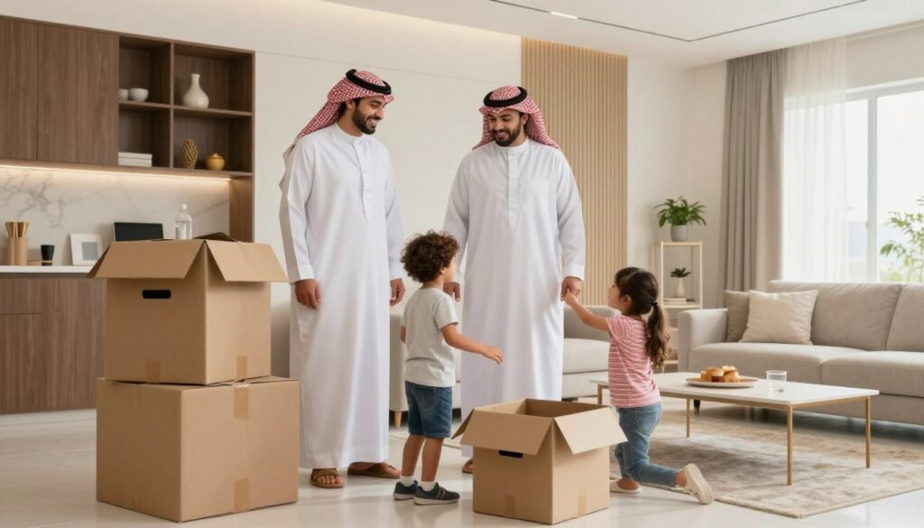 عائلة سعيدة في منزلها الجديد بعد نقل العفش عائلة سعيدة في منزلها الجديد بعد نقل العفش
