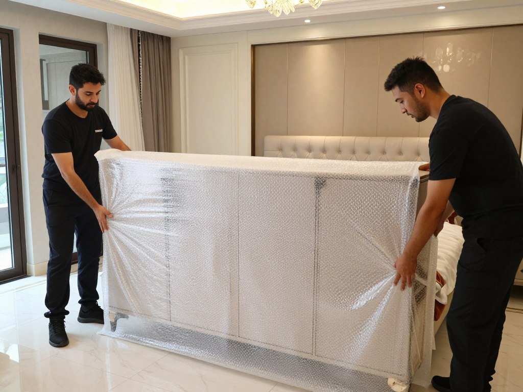 عمال يقومون بتغليف أثاث غرفة نوم فاخرة بمواد حماية متخصصة داخل منزل