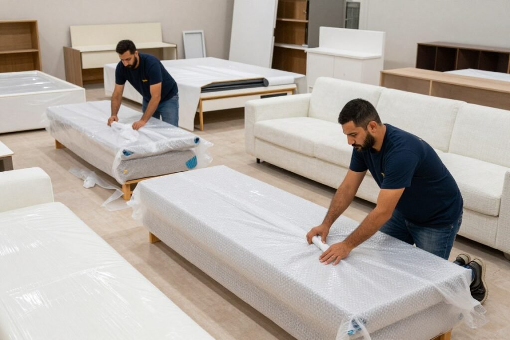 عملية تغليف العفش الاحترافية بمواد حماية متعددة الطبقات