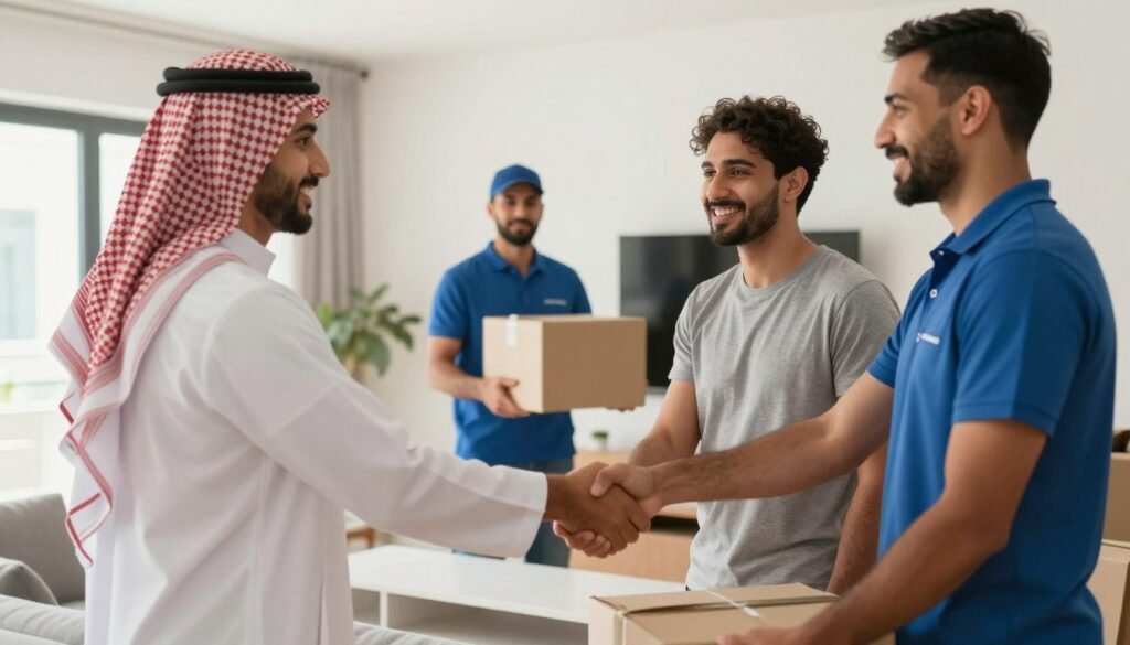 عميل سعيد مع فريق نقل عفش مؤسسة مالك عميل سعيد مع فريق نقل عفش مؤسسة مالك