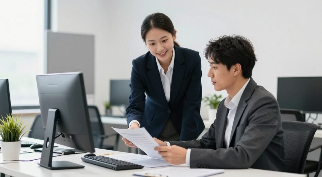 عميل يطرح أسئلة على ممثل خدمة العملاء في مكتب الشركة