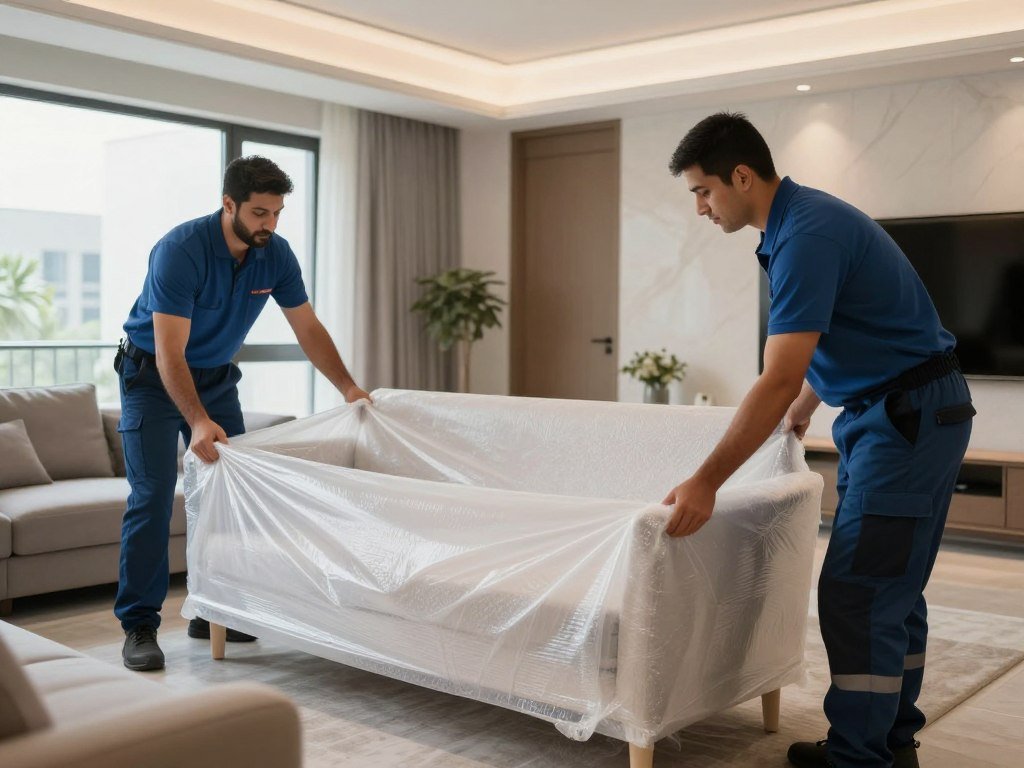 فريق عمل محترف يقوم بتغليف العفش بجدة