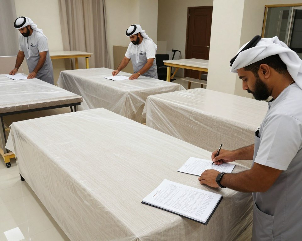 فريق عمل يقوم بتغليف الأثاث بعناية فريق عمل يقوم بتغليف الأثاث بعناية