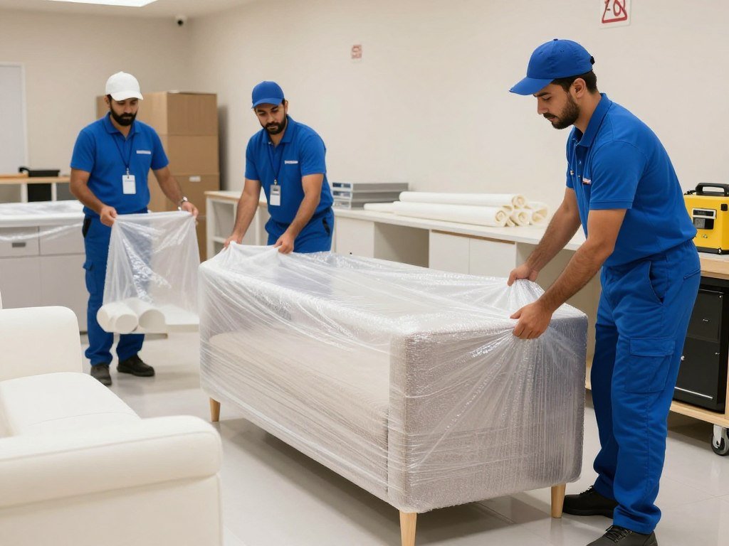 فريق محترف لنقل عفش جدة يقوم بتغليف الأثاث