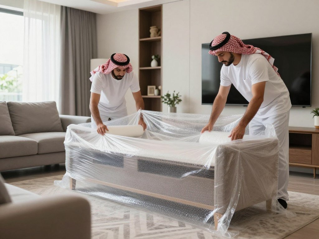 فريق نقل العفش يقوم بتغليف الأثاث في حي النزلة الشرقية