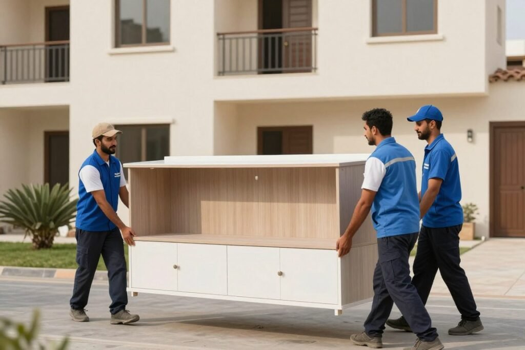 فريق نقل عفش محترف في جدة - عمال مدربون يحملون الأثاث بعناية