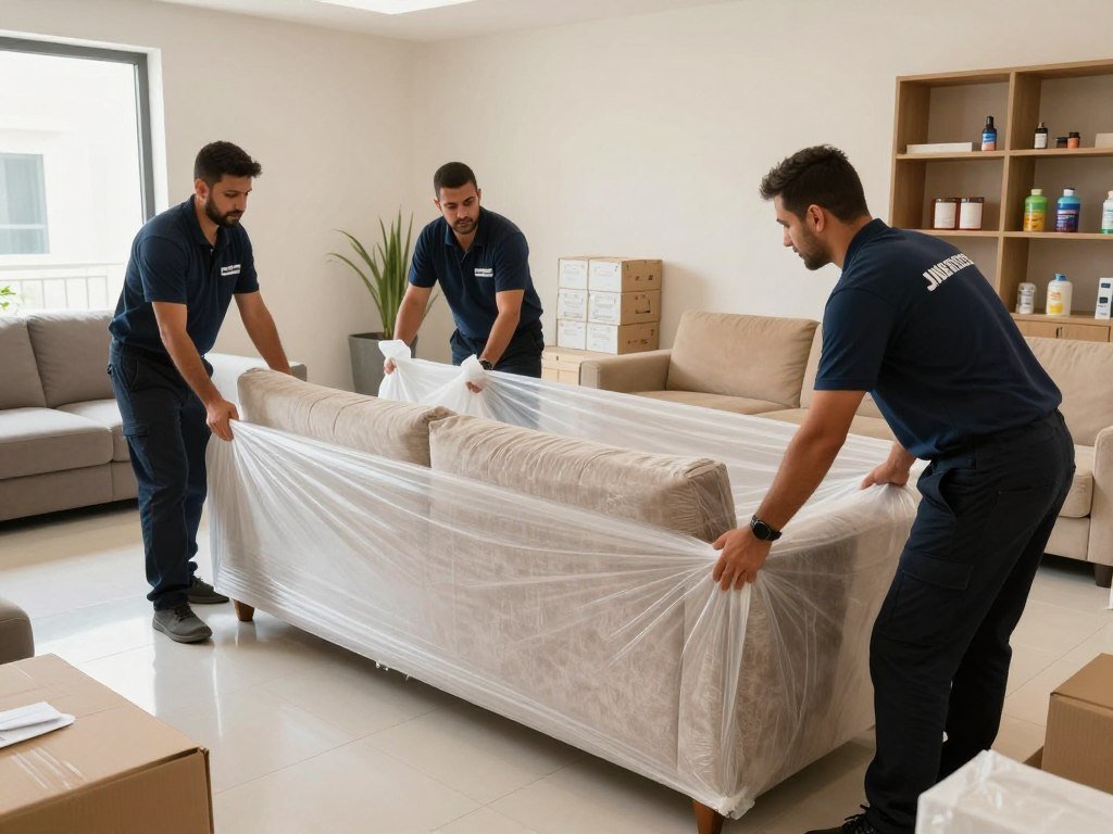 فريق نقل عفش محترف في جدة يقوم بتغليف الأثاث باستخدام مواد حماية حديثة