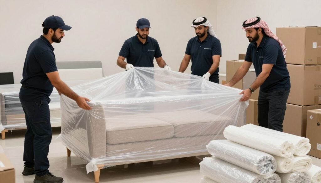 فريق نقل عفش محترف يقوم بتغليف الأثاث بعناية