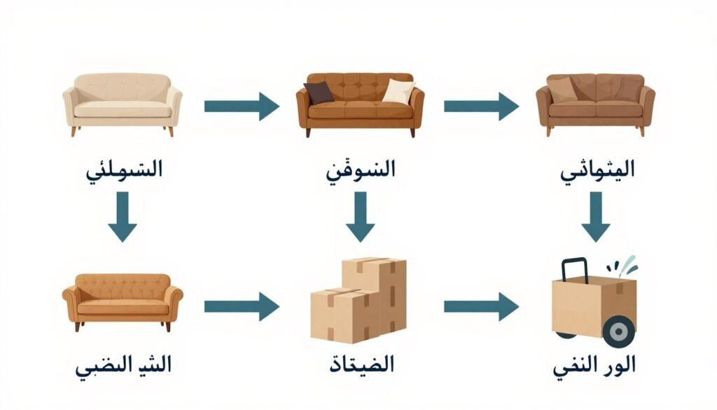 مخطط بصري يوضح مراحل نقل العفش من الاتصال الأول حتى التسليم النهائي