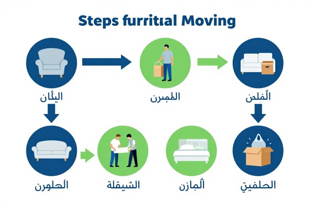 مخطط يوضح خطوات عملية نقل العفش من الاتصال حتى التسليم