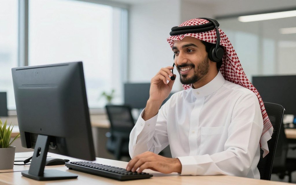ممثل خدمة عملاء يستقبل مكالمة عميل بابتسامة