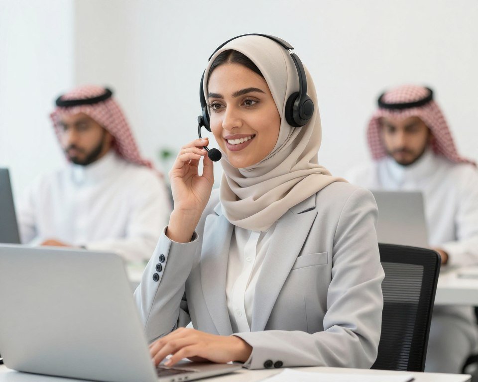 موظفة خدمة عملاء محترفة ترد على اتصال بابتسامة في مكتب حديث