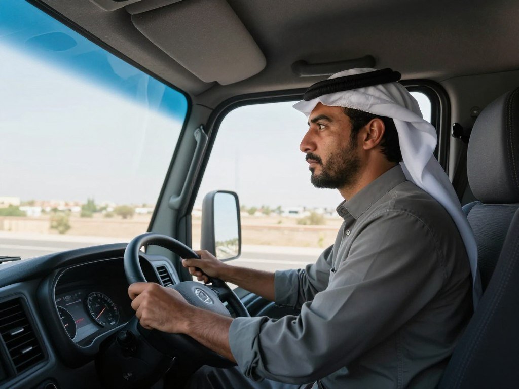 سائق محترف يقود شاحنة نقل العفش بأمان على الطريق السريع سائق محترف يقود شاحنة نقل العفش بأمان على الطريق السريع