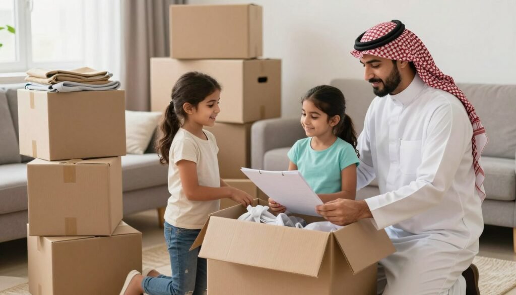 عائلة تقوم بالتحضير لنقل العفش وترتيب الصناديق عائلة تقوم بالتحضير لنقل العفش وترتيب الصناديق