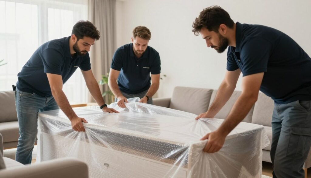 عمال محترفون يقومون بتغليف الأثاث بمواد حماية عالية الجودة عمال محترفون يقومون بتغليف الأثاث بمواد حماية عالية الجودة