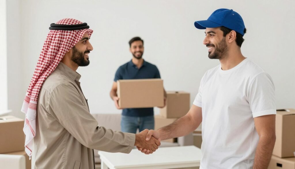 عميل سعيد بعد إتمام نقل العفش بنجاح مع مؤسسة مالك عميل سعيد بعد إتمام نقل العفش بنجاح مع مؤسسة مالك