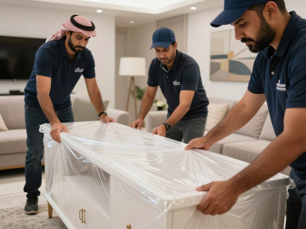 فريق عمل محترف من شركة نقل عفش جدة يقوم بتغليف الأثاث فريق عمل محترف من شركة نقل عفش جدة يقوم بتغليف الأثاث