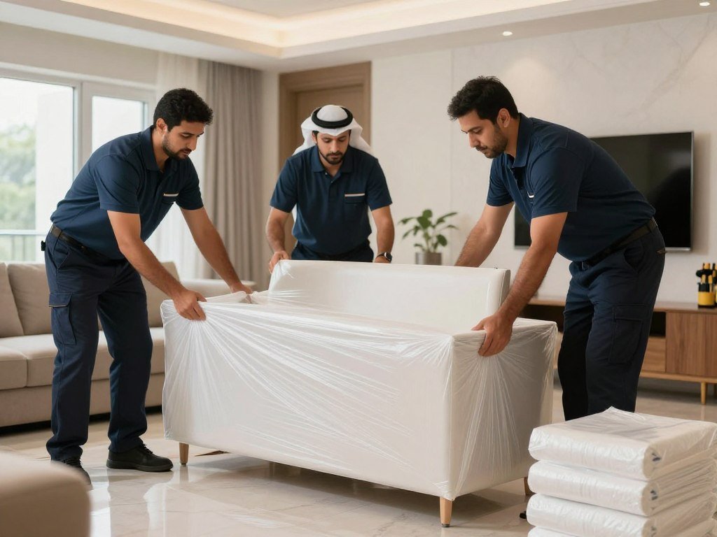 فريق عمل مدرب من مؤسسة مالك يقوم بتغليف الأثاث بشكل احترافي