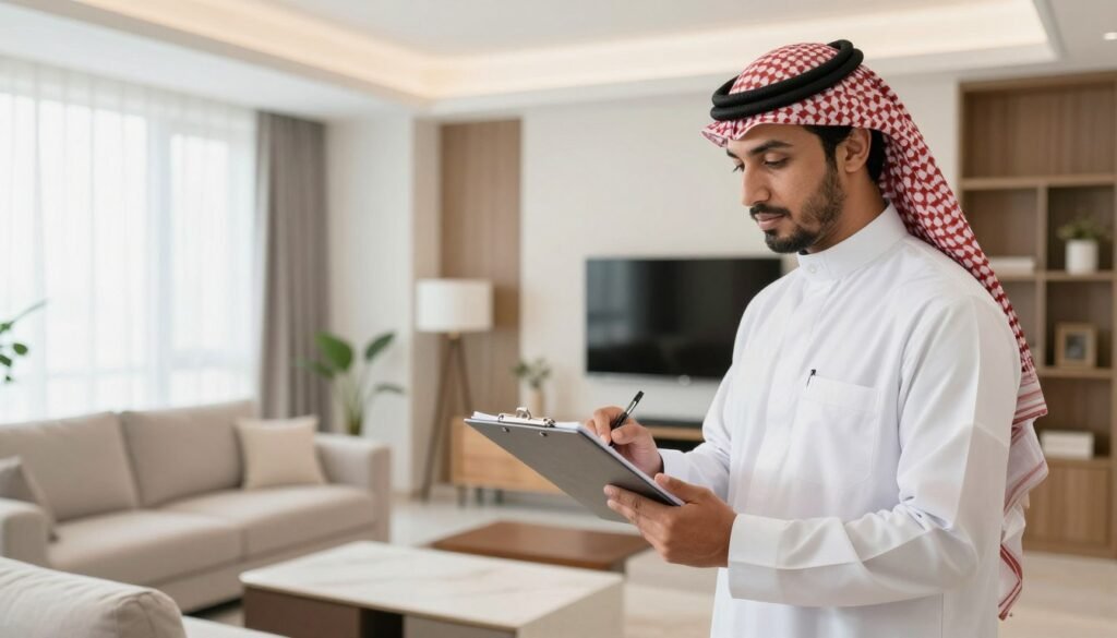 فريق عمل يقوم بمعاينة المنزل قبل نقل الأثاث فريق عمل يقوم بمعاينة المنزل قبل نقل الأثاث