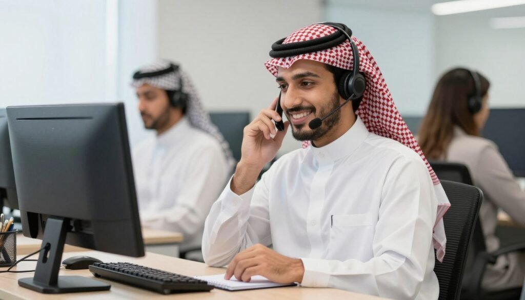 موظف خدمة عملاء يستقبل اتصال من عميل موظف خدمة عملاء يستقبل اتصال من عميل